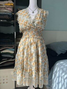NWT Max Studio Fit and Flare Yellow Floral Midi Dress Size L